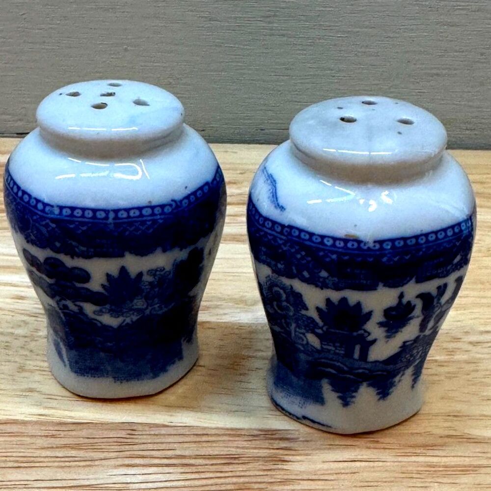 Vintage Blue & White Porcelain Salt & Pepper Shakers Blue Willow Pattern MCM